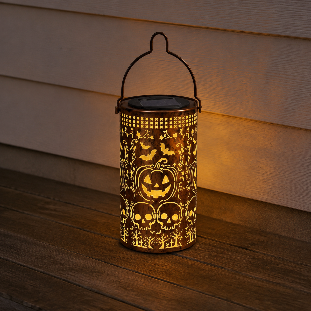 Solar Pumpkin Lantern with Bat and Skull Cutouts, Metal Halloween Light for Porch and Garden, product view 8