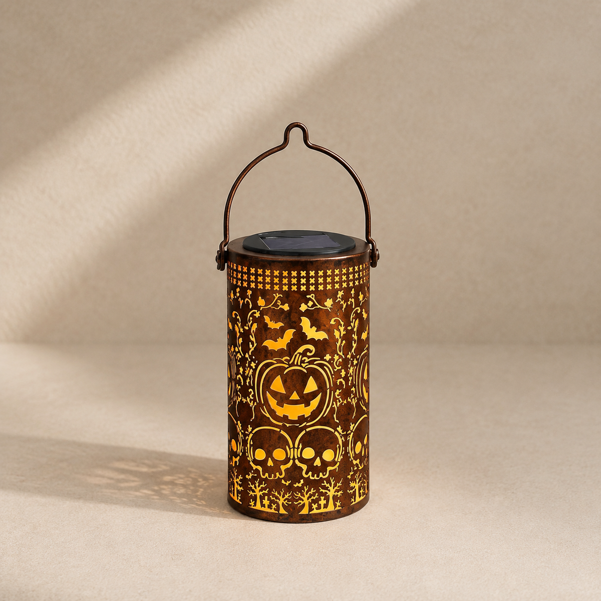 Solar Pumpkin Lantern with Bat and Skull Cutouts, Metal Halloween Light for Porch and Garden, product view 9