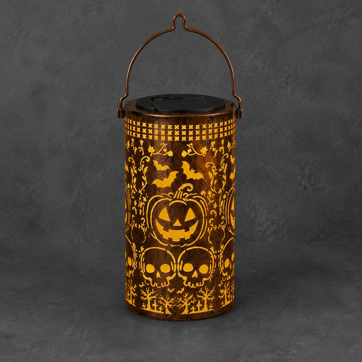 Solar Pumpkin Lantern with Bat and Skull Cutouts, Metal Halloween Light for Porch and Garden, product view 10