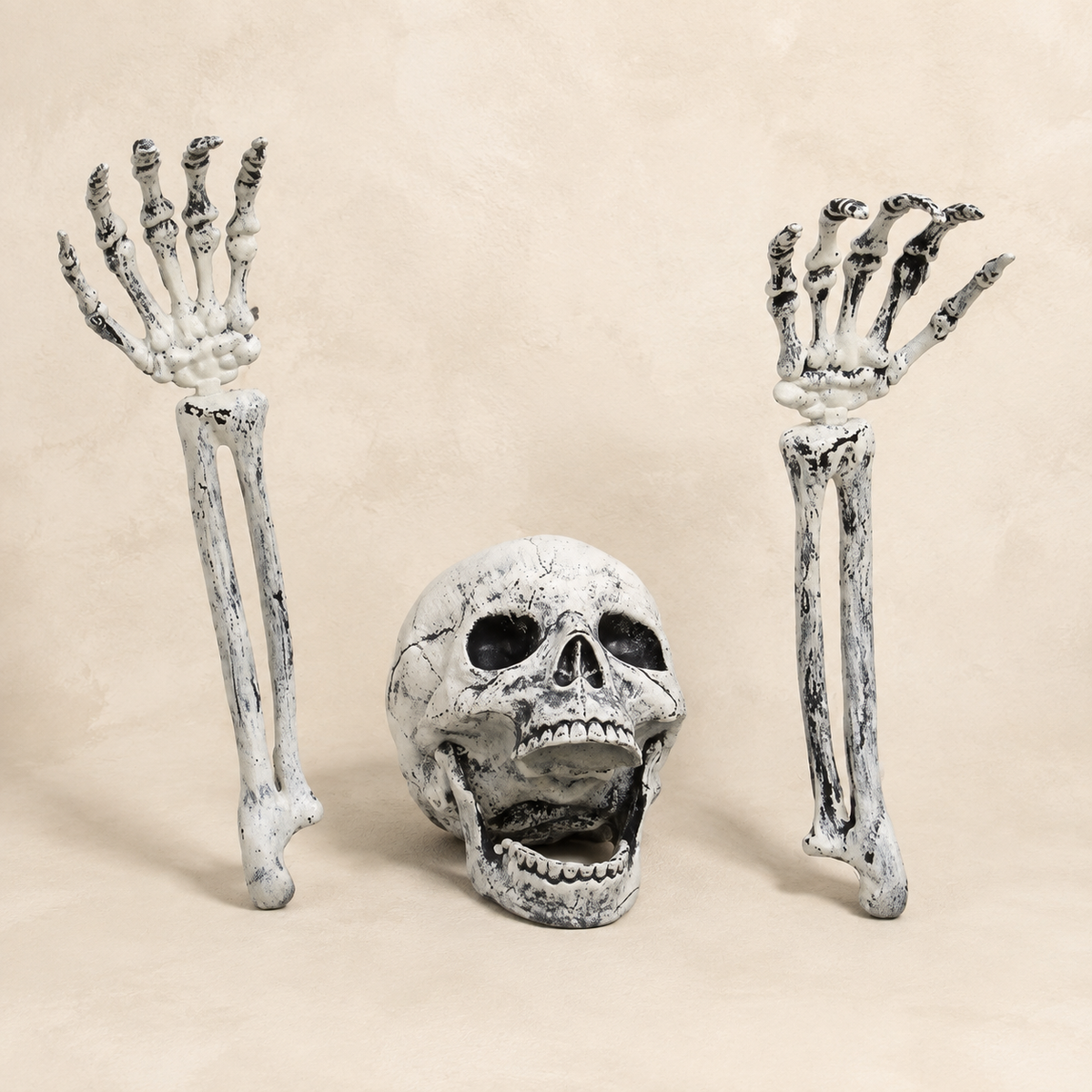 Skeleton Skull and Two Arm Stakes, Weathered Gray Halloween Groundbreaker Yard Decoration, product view 1