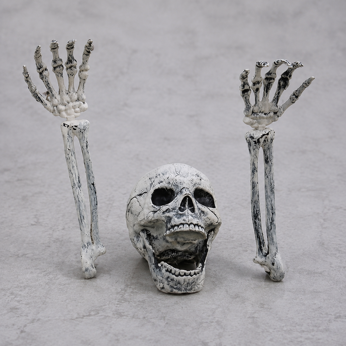 Skeleton Skull and Two Arm Stakes, Weathered Gray Halloween Groundbreaker Yard Decoration, product view 2