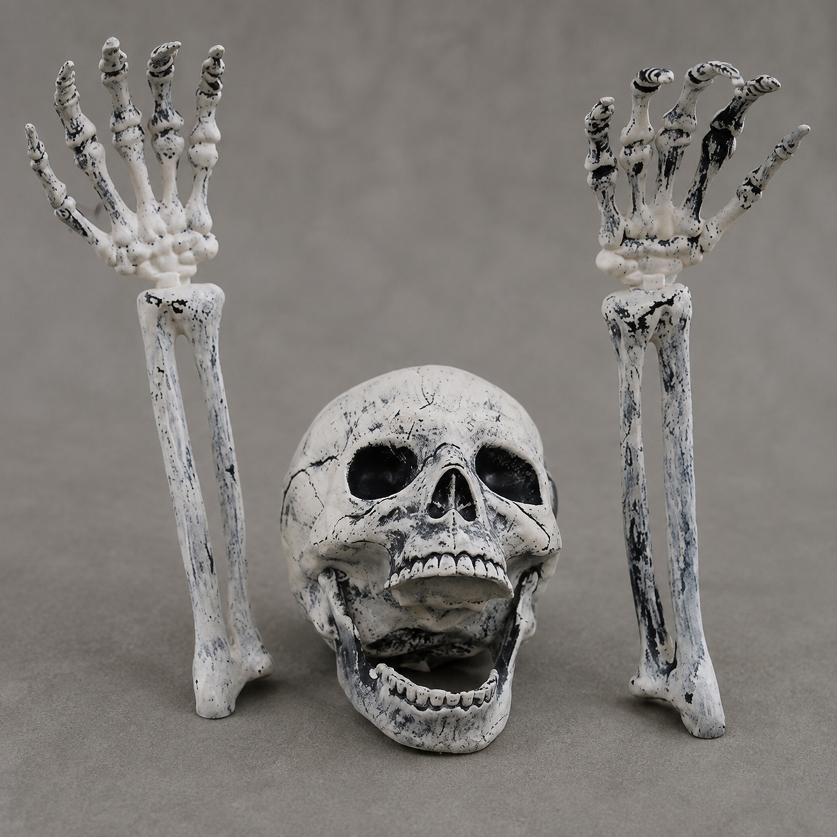 Skeleton Skull and Two Arm Stakes, Weathered Gray Halloween Groundbreaker Yard Decoration, product view 5