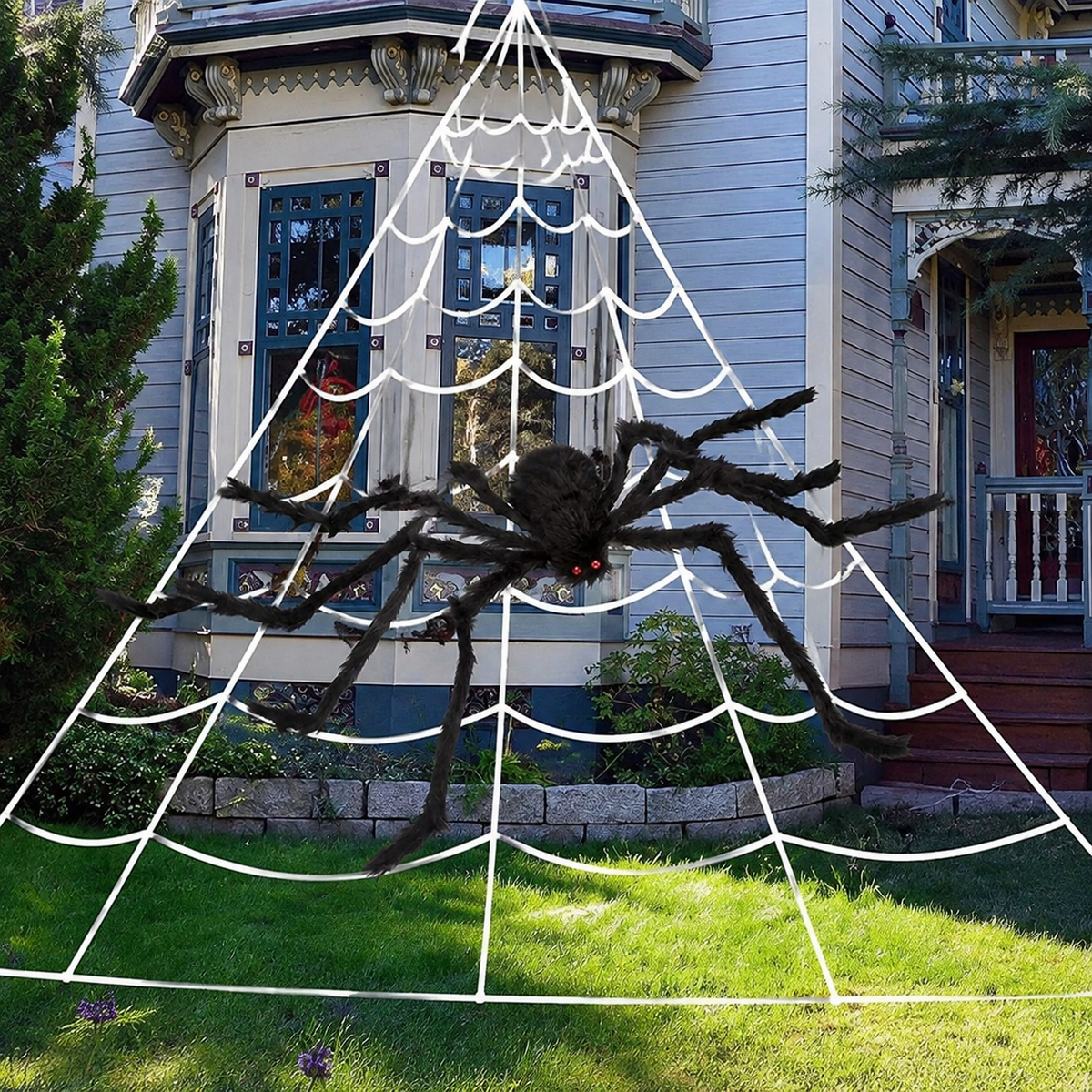 Giant Spider and White Triangular Web Set, 200 Inch Halloween Web with 59 Inch Black Spider, product view 4