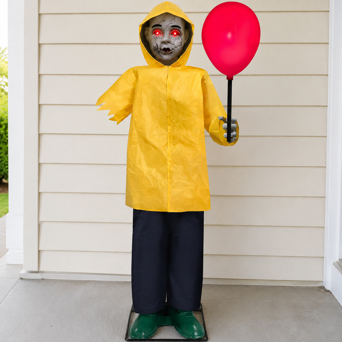 Yellow Raincoat Zombie Child with Red Balloon, 49 Inch Light Up Halloween Porch Decoration, product view 1