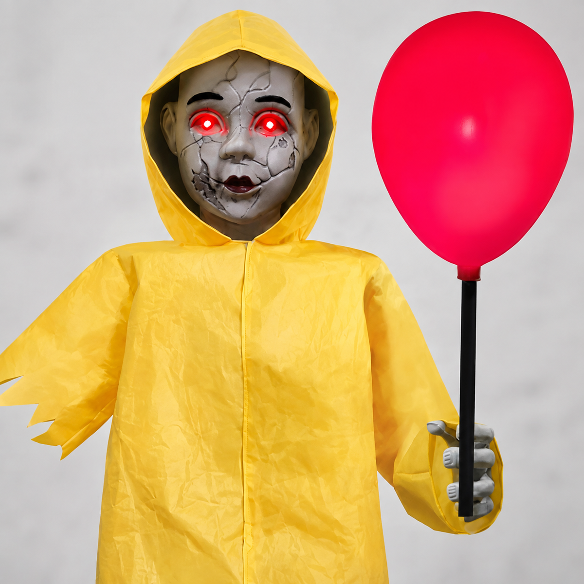 Yellow Raincoat Zombie Child with Red Balloon, 49 Inch Light Up Halloween Porch Decoration, product view 7