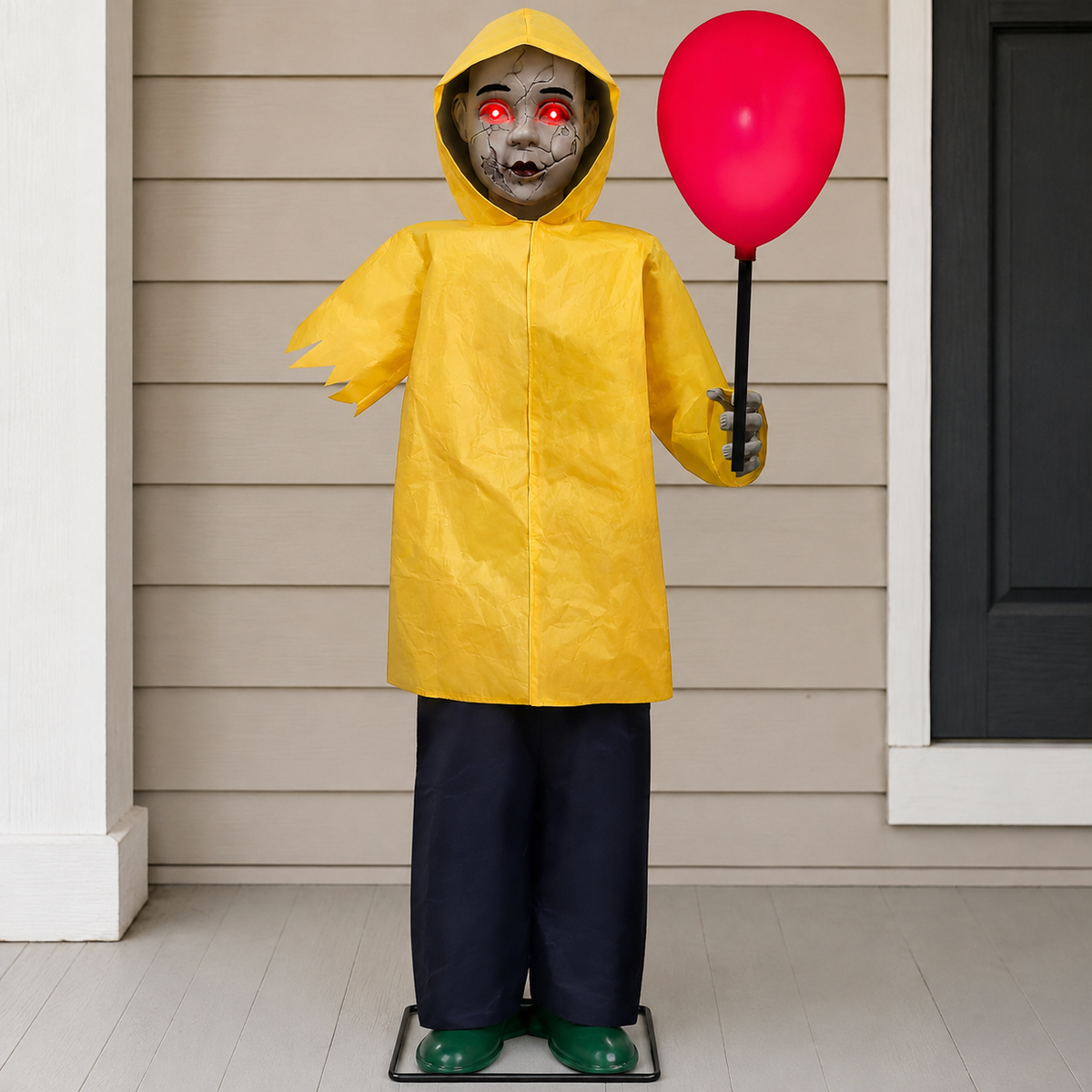 Yellow Raincoat Zombie Child with Red Balloon, 49 Inch Light Up Halloween Porch Decoration, product view 9