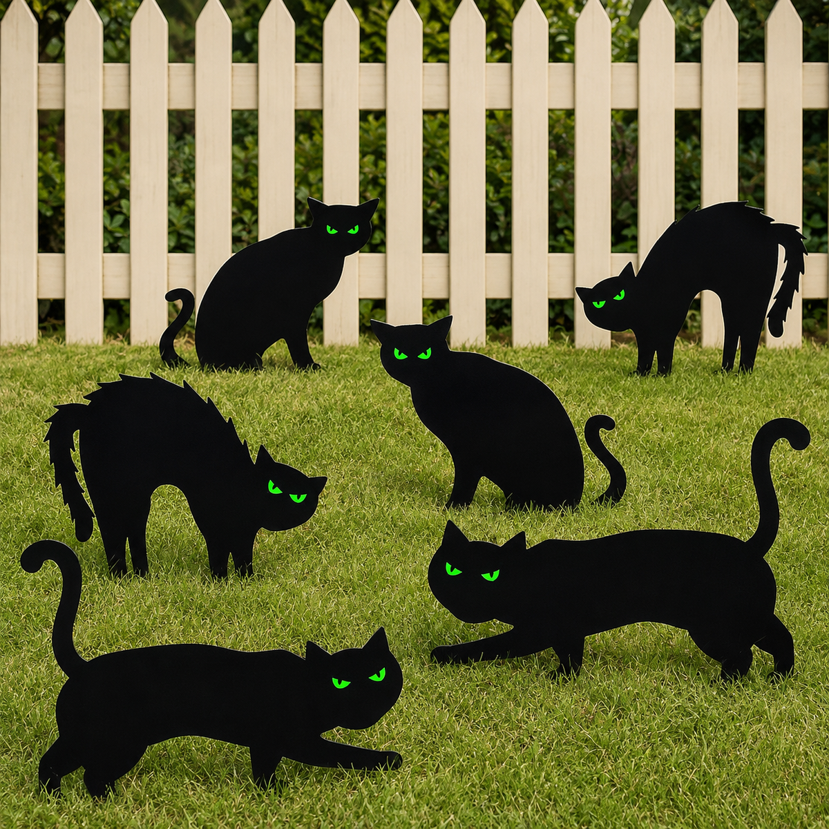 Set of 6 Black Cat Yard Signs with Glow Eye Stickers, Halloween Silhouette Garden Decorations, product view 1