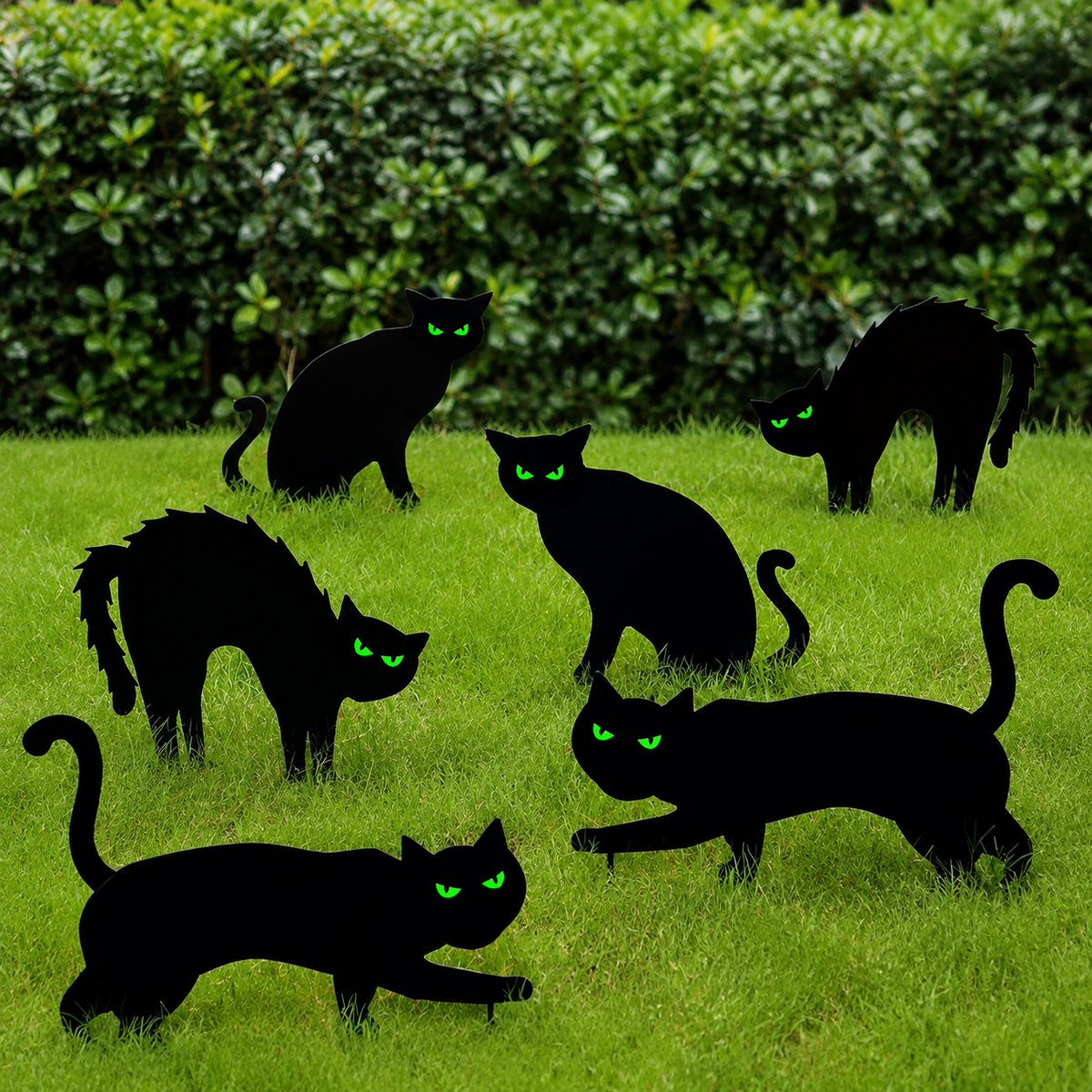 Set of 6 Black Cat Yard Signs with Glow Eye Stickers, Halloween Silhouette Garden Decorations, product view 9