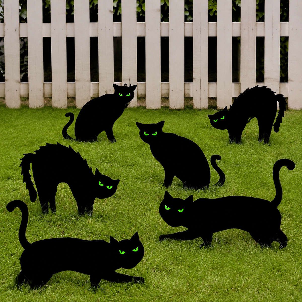 Set of 6 Black Cat Yard Signs with Glow Eye Stickers, Halloween Silhouette Garden Decorations, product view 10
