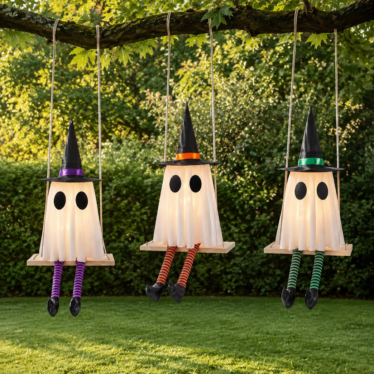 Set of 3 Lighted Ghosts on Swings with Witch Hats and Striped Legs, Halloween Hanging Decor, product view 1