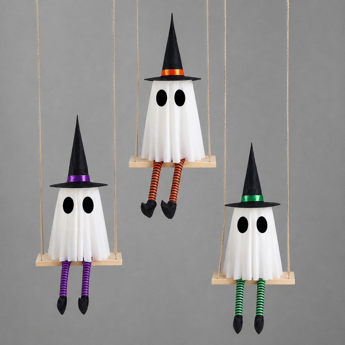 Set of 3 Lighted Ghosts on Swings with Witch Hats and Striped Legs, Halloween Hanging Decor, product view 2