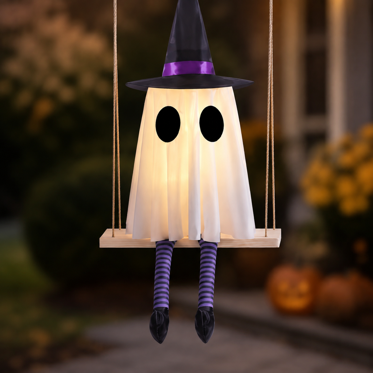 Set of 3 Lighted Ghosts on Swings with Witch Hats and Striped Legs, Halloween Hanging Decor, product view 3