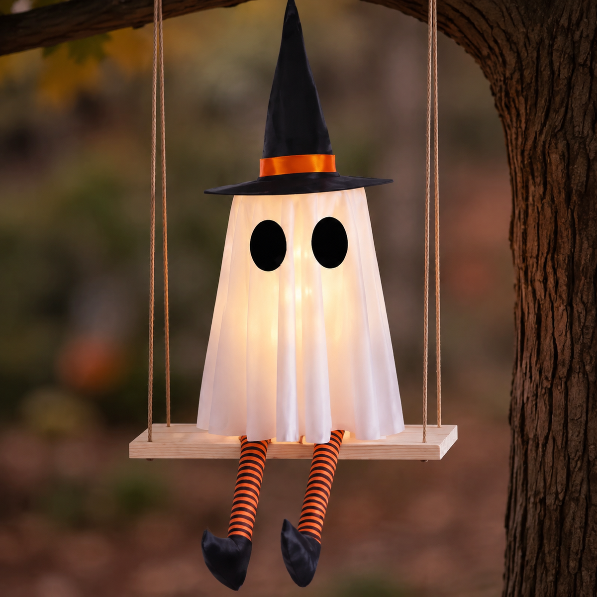 Set of 3 Lighted Ghosts on Swings with Witch Hats and Striped Legs, Halloween Hanging Decor, product view 4