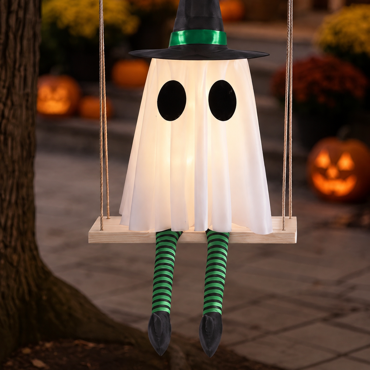 Set of 3 Lighted Ghosts on Swings with Witch Hats and Striped Legs, Halloween Hanging Decor, product view 5