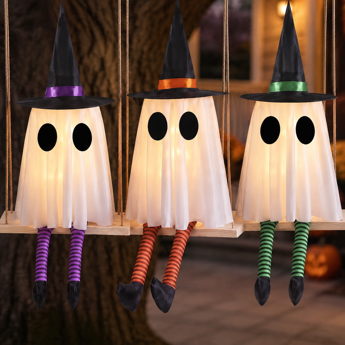 Set of 3 Lighted Ghosts on Swings with Witch Hats and Striped Legs, Halloween Hanging Decor, product view 6