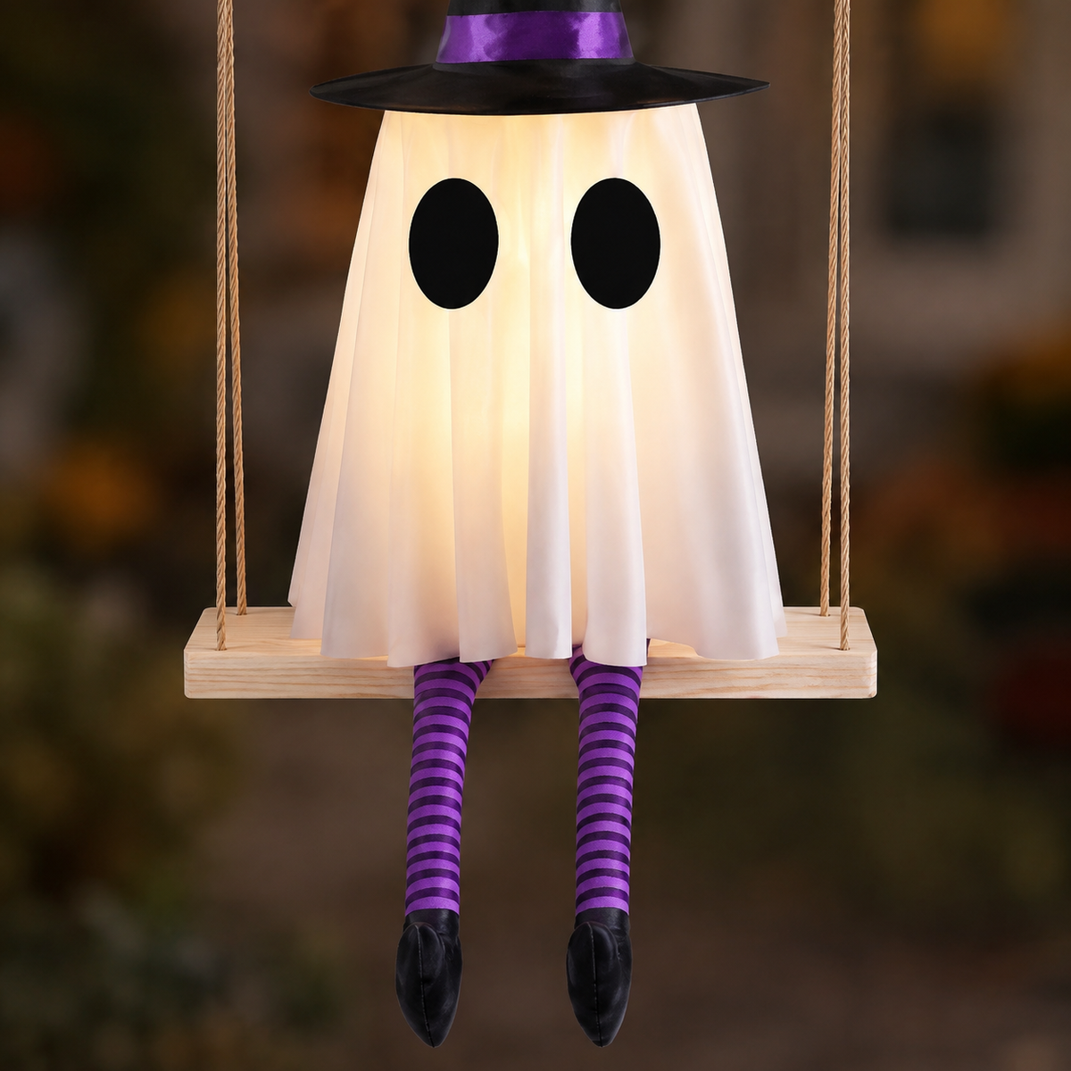 Set of 3 Lighted Ghosts on Swings with Witch Hats and Striped Legs, Halloween Hanging Decor, product view 7