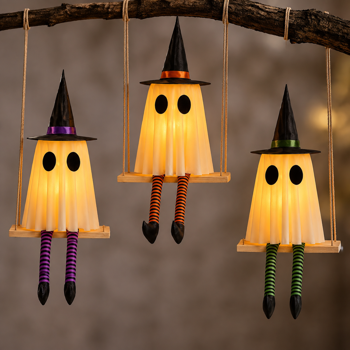 Set of 3 Lighted Ghosts on Swings with Witch Hats and Striped Legs, Halloween Hanging Decor, product view 8