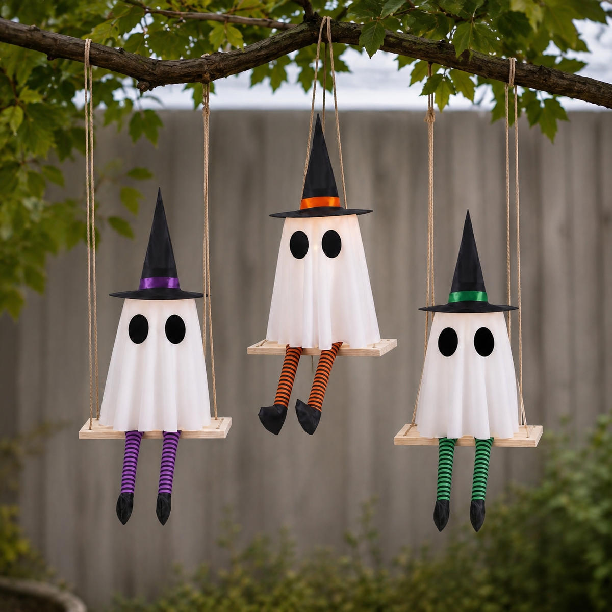 Set of 3 Lighted Ghosts on Swings with Witch Hats and Striped Legs, Halloween Hanging Decor, product view 9