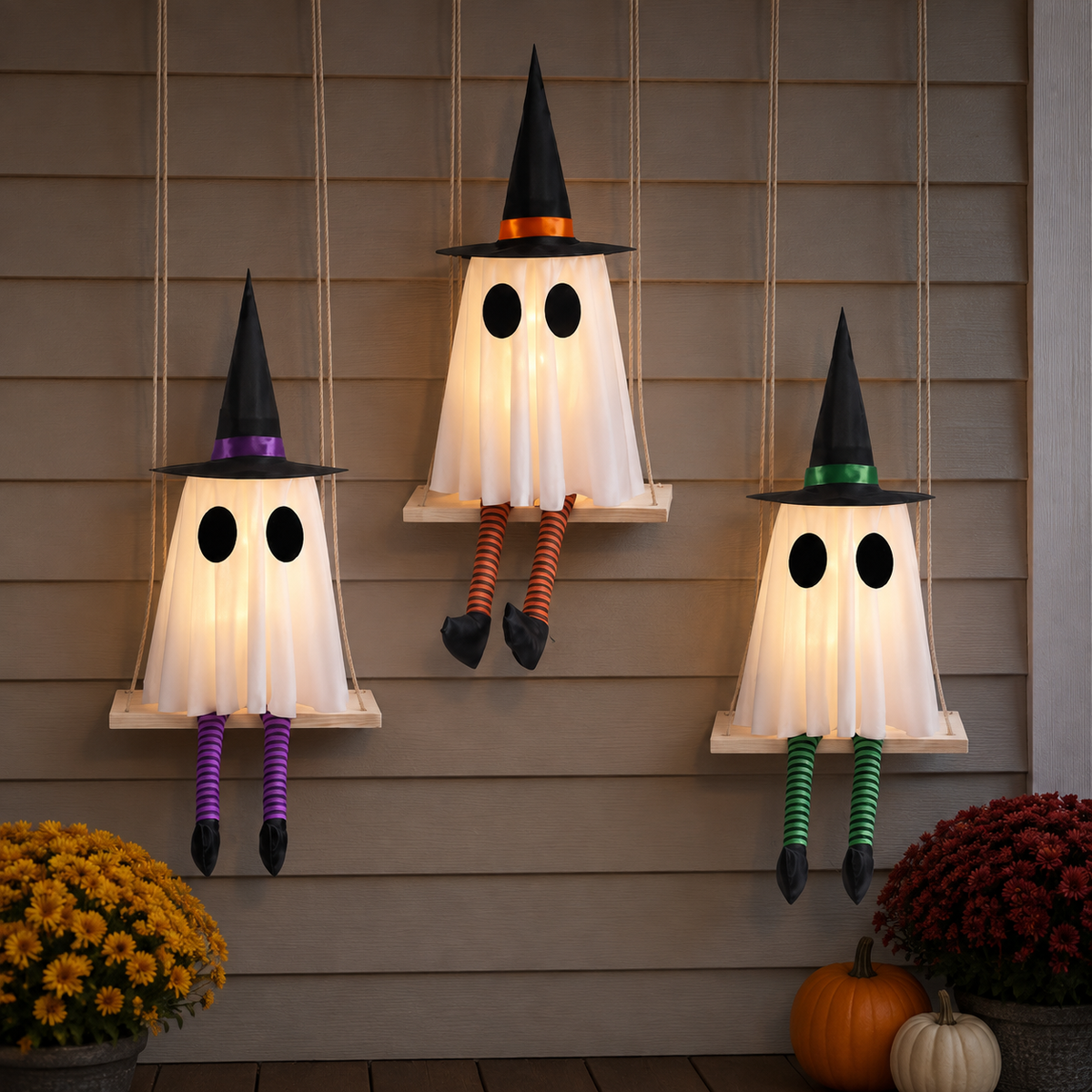 Set of 3 Lighted Ghosts on Swings with Witch Hats and Striped Legs, Halloween Hanging Decor, product view 10