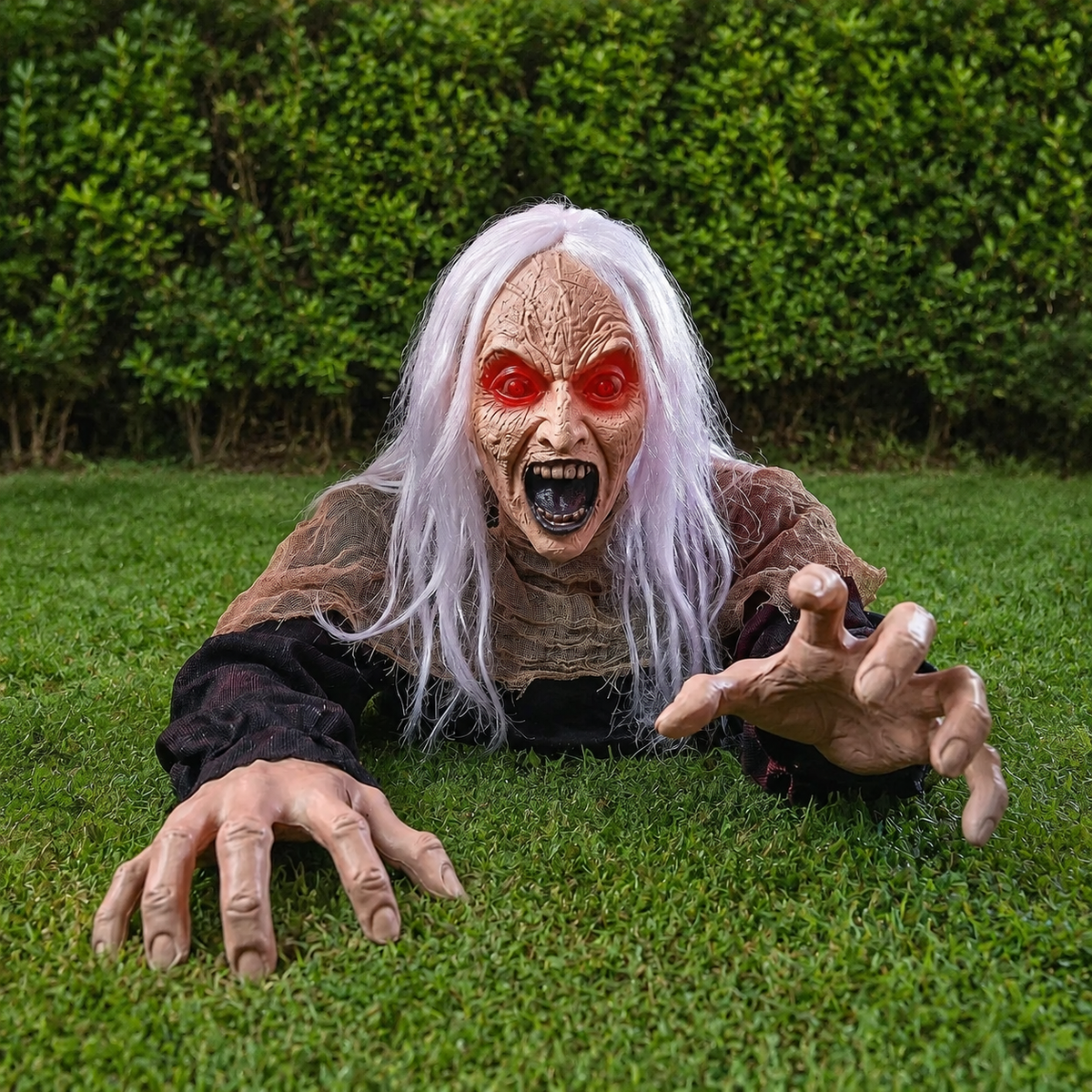White Haired Zombie Groundbreaker with Red Light Up Eyes and Sound, Halloween Garden Prop, product view 1