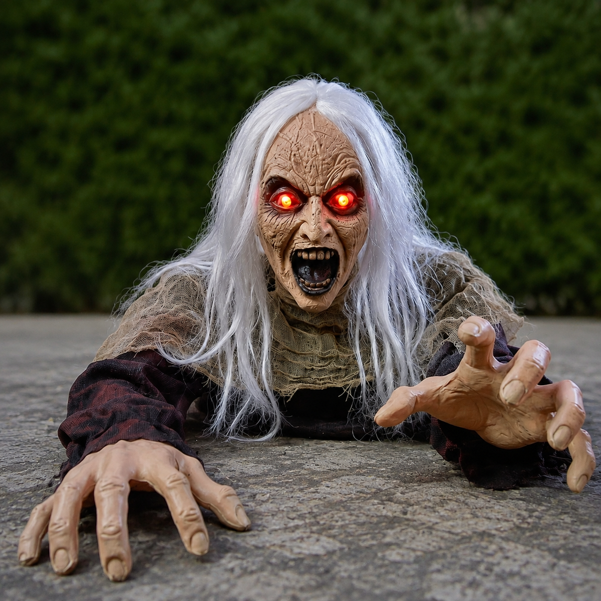 White Haired Zombie Groundbreaker with Red Light Up Eyes and Sound, Halloween Garden Prop, product view 2