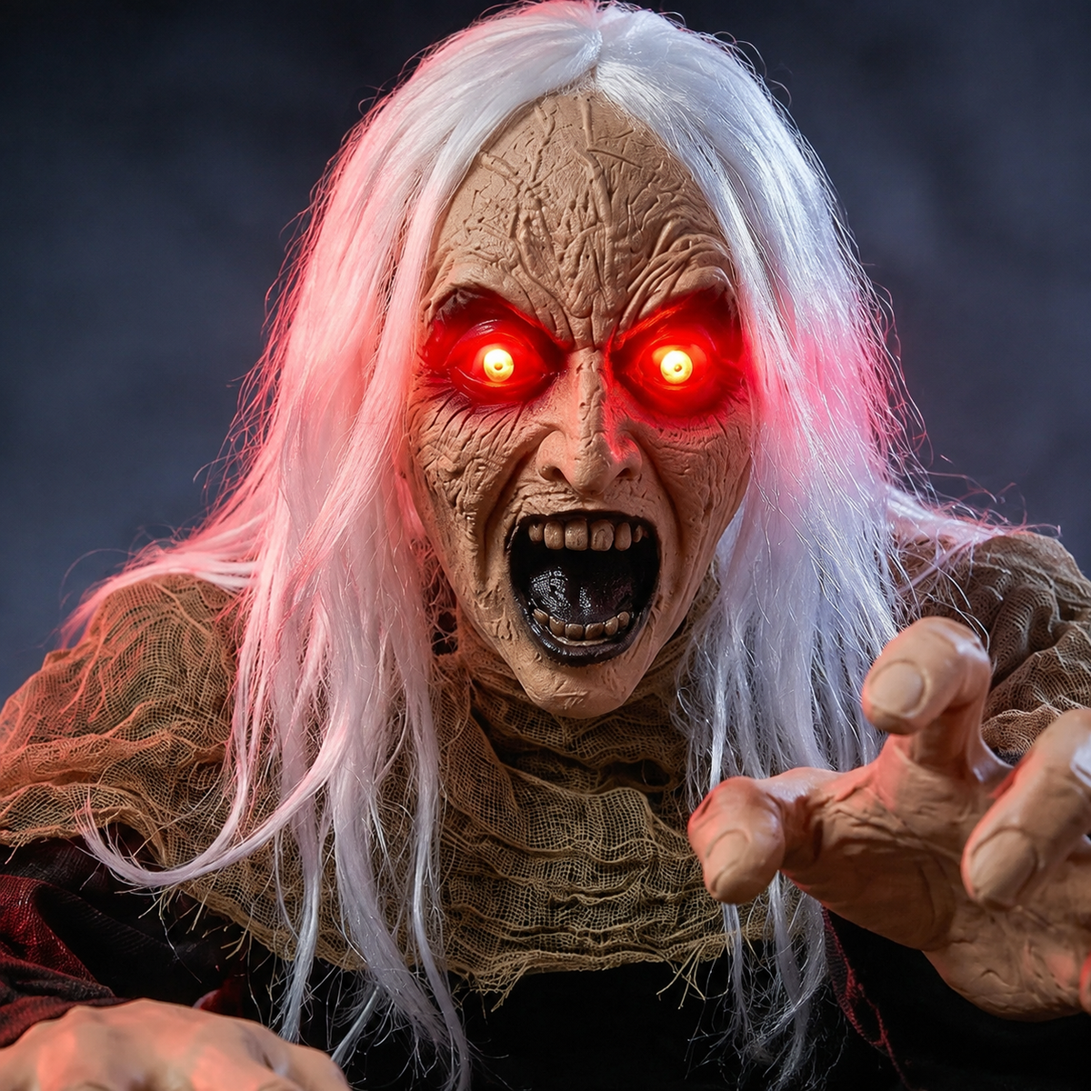 White Haired Zombie Groundbreaker with Red Light Up Eyes and Sound, Halloween Garden Prop, product view 3
