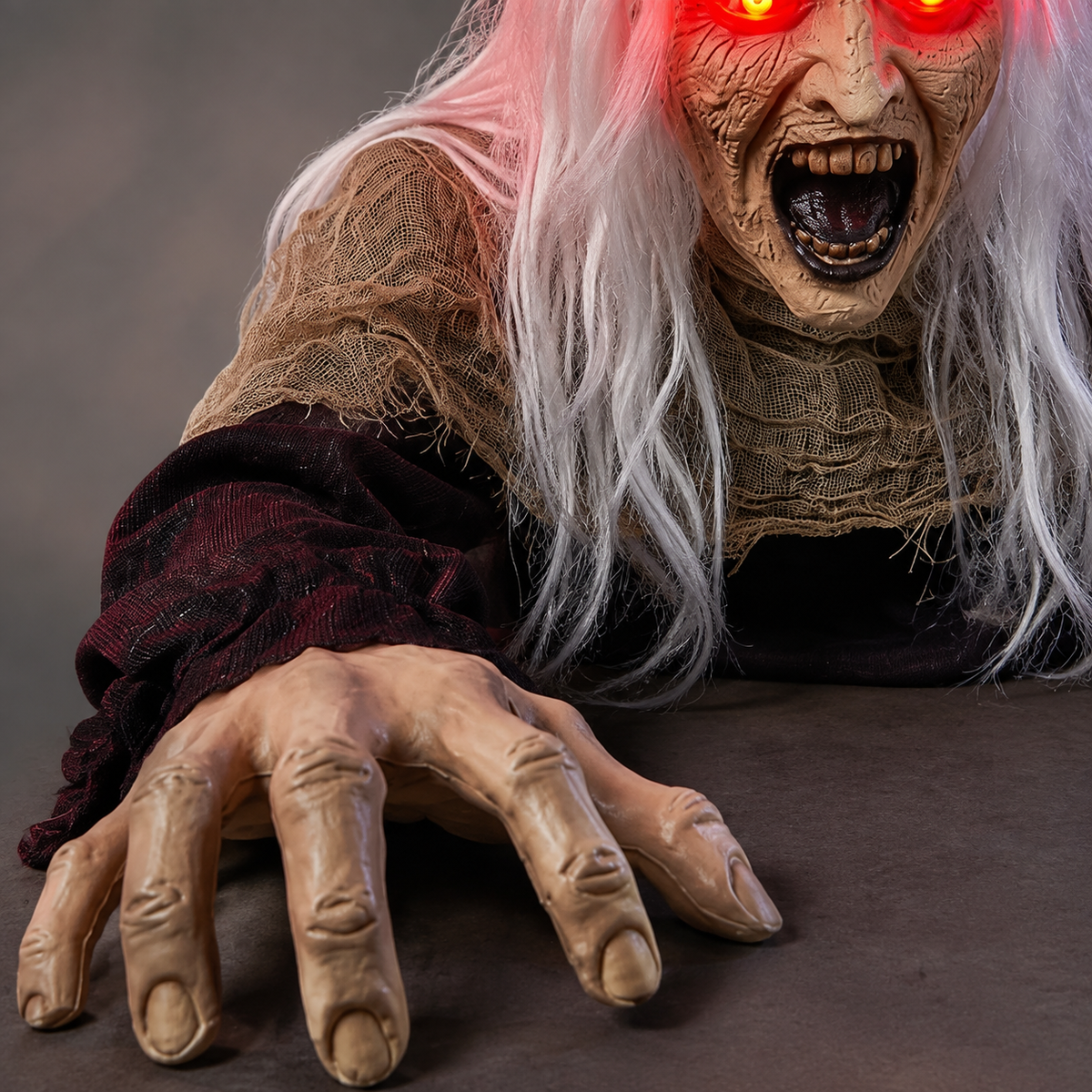 White Haired Zombie Groundbreaker with Red Light Up Eyes and Sound, Halloween Garden Prop, product view 4