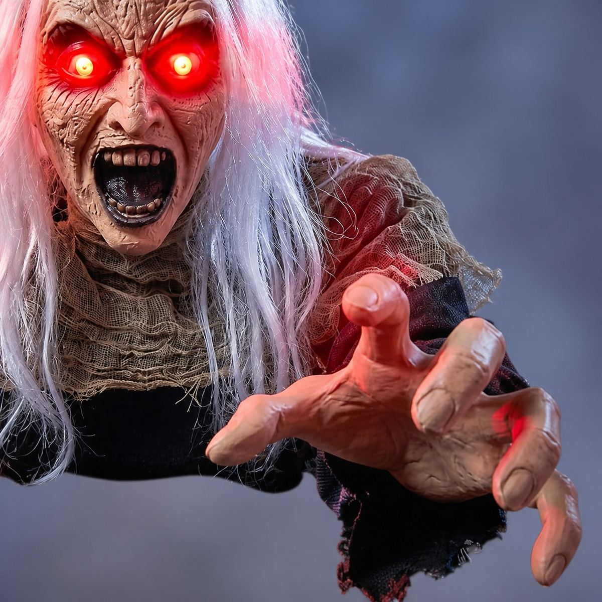 White Haired Zombie Groundbreaker with Red Light Up Eyes and Sound, Halloween Garden Prop, product view 5