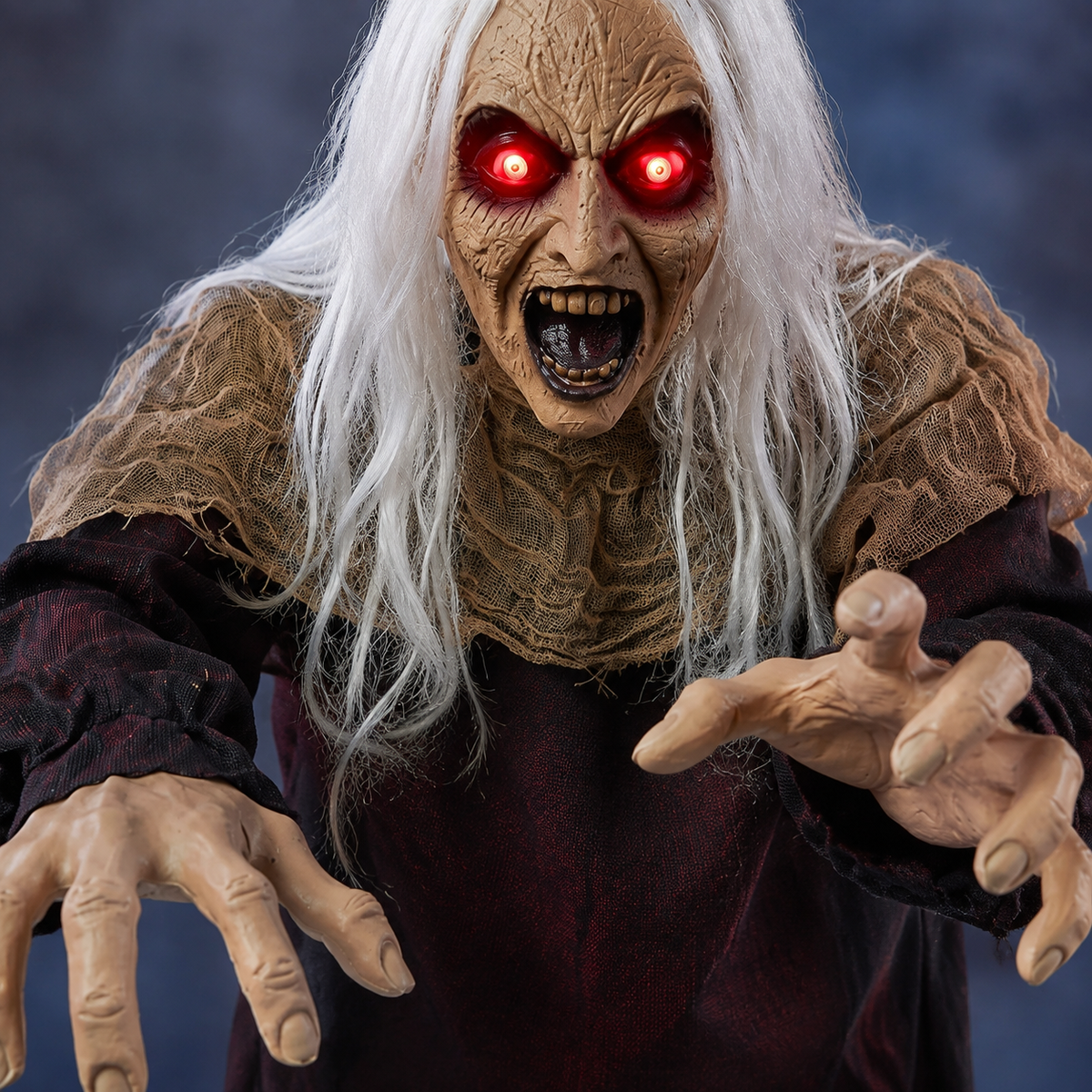White Haired Zombie Groundbreaker with Red Light Up Eyes and Sound, Halloween Garden Prop, product view 6