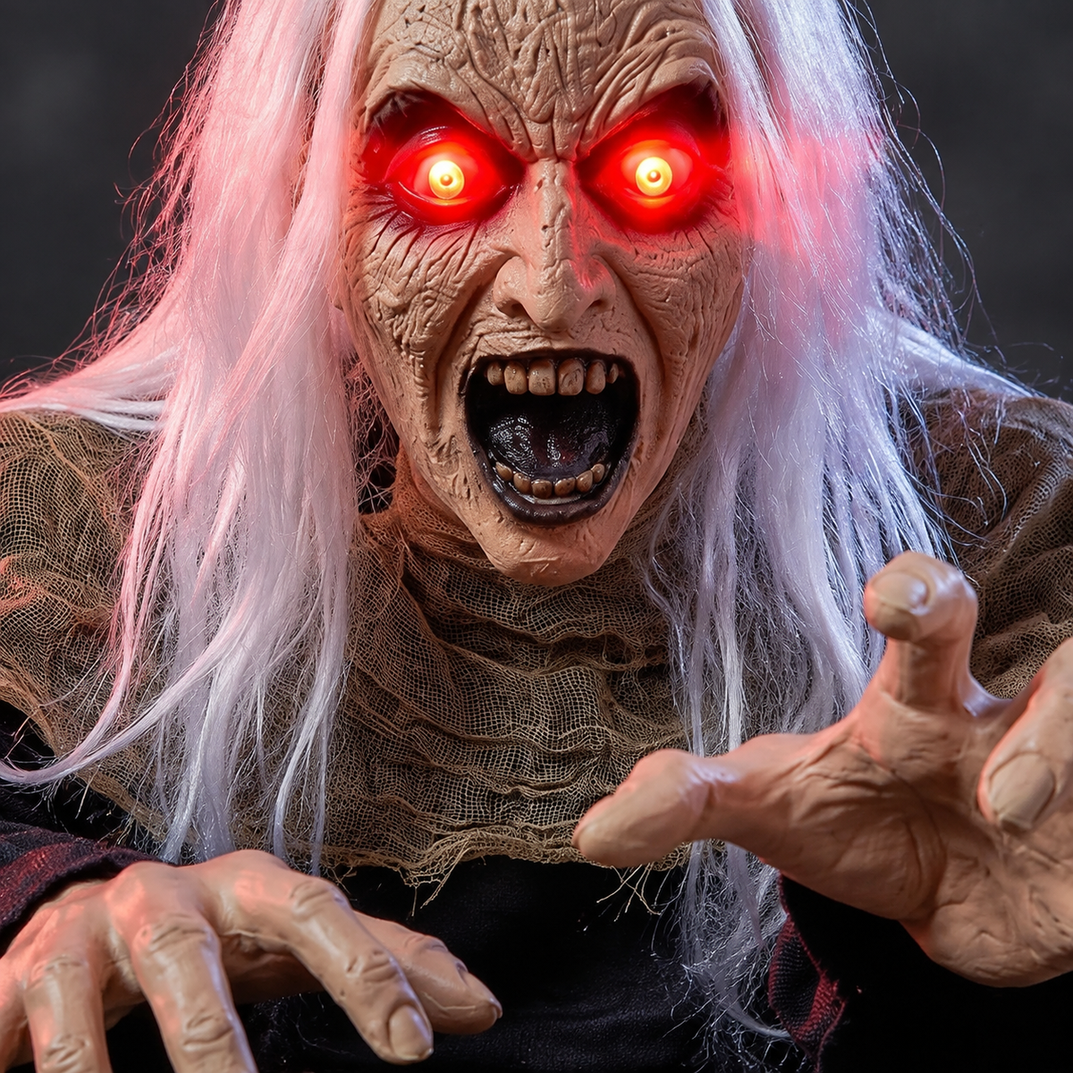 White Haired Zombie Groundbreaker with Red Light Up Eyes and Sound, Halloween Garden Prop, product view 8