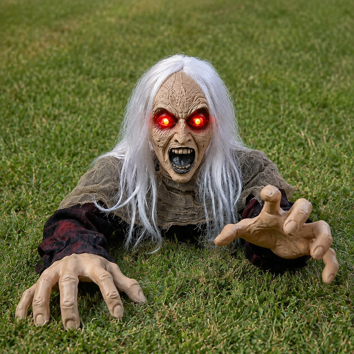 White Haired Zombie Groundbreaker with Red Light Up Eyes and Sound, Halloween Garden Prop, product view 9