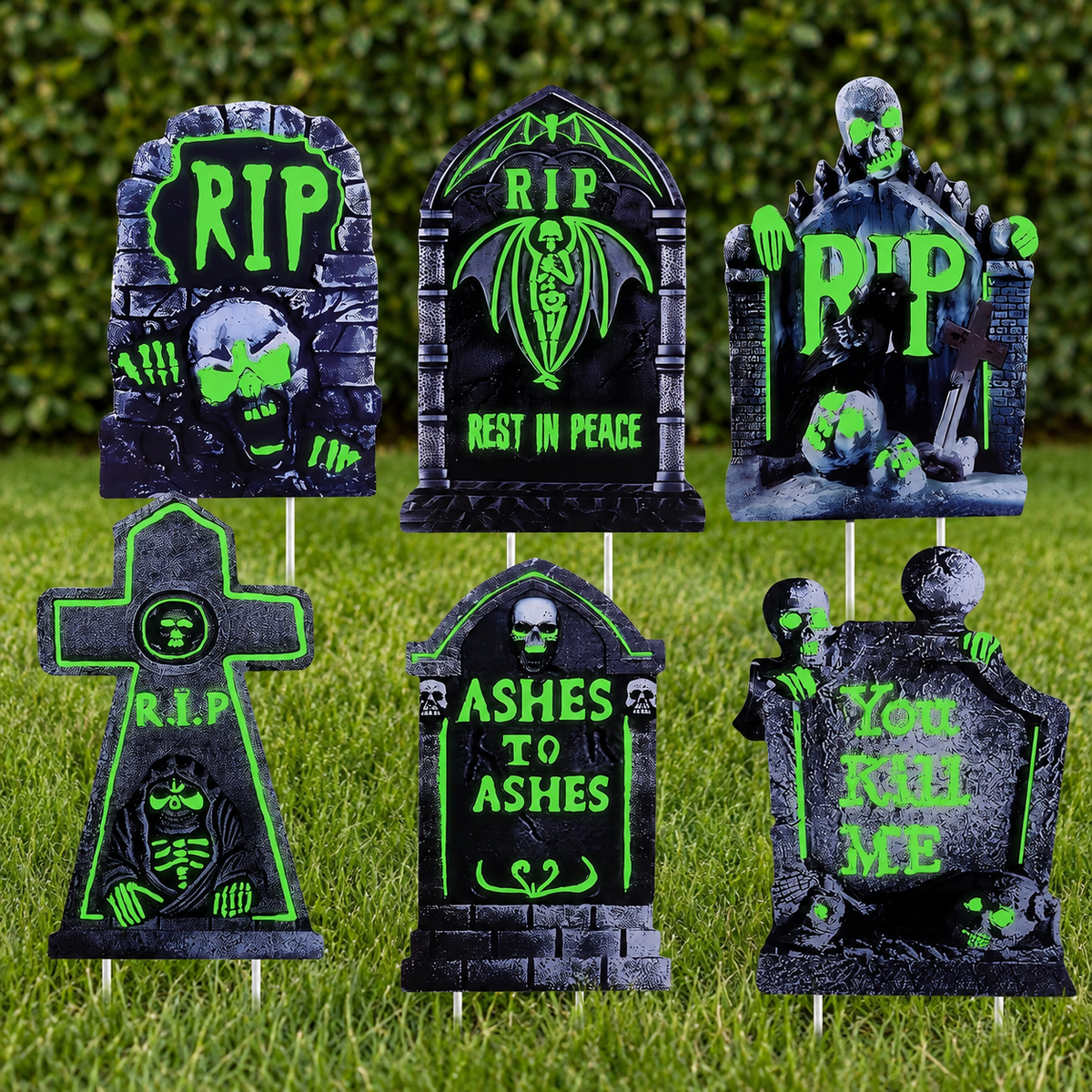 Set of 6 Glow in the Dark Tombstone Yard Signs with Stakes, Halloween Graveyard Decorations, product view 1