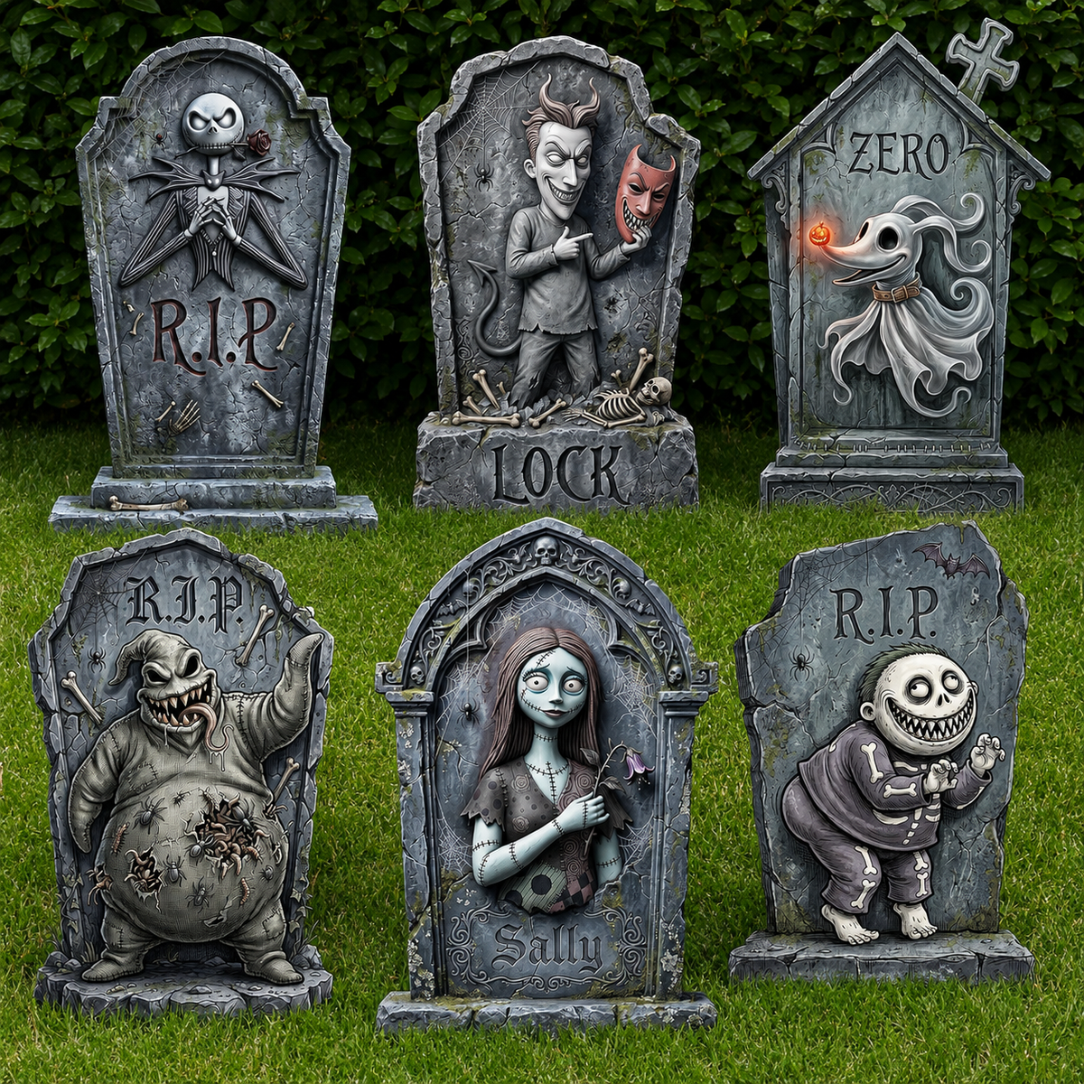Set of 6 Printed Character Tombstone Yard Signs, 17 Inch Halloween Graveyard Decorations, product view 1
