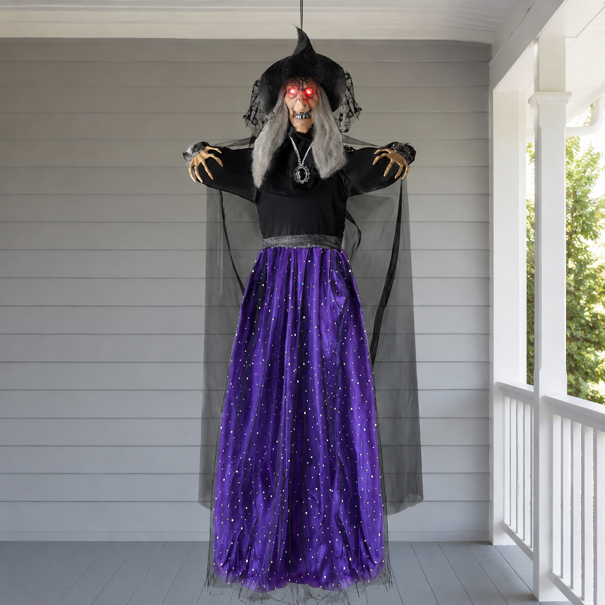 47 Inch Hanging Witch with Purple Skirt, Light Up Eyes and Sound, Halloween Porch Decoration, product view 1