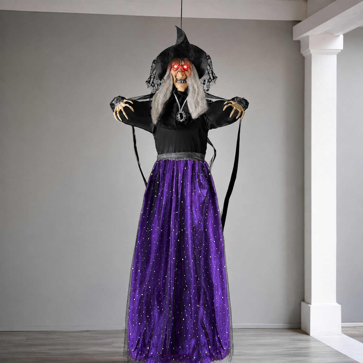 47 Inch Hanging Witch with Purple Skirt, Light Up Eyes and Sound, Halloween Porch Decoration, product view 2