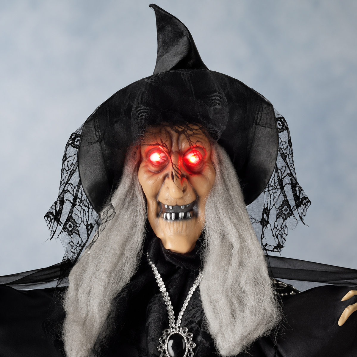 47 Inch Hanging Witch with Purple Skirt, Light Up Eyes and Sound, Halloween Porch Decoration, product view 3