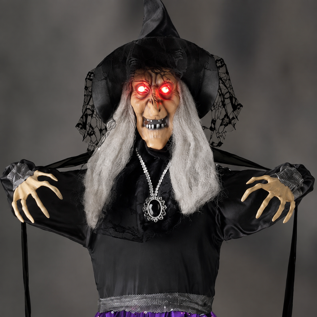 47 Inch Hanging Witch with Purple Skirt, Light Up Eyes and Sound, Halloween Porch Decoration, product view 8