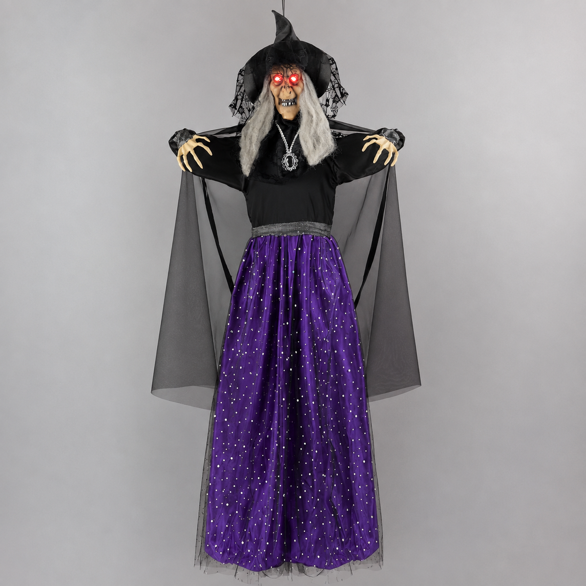 47 Inch Hanging Witch with Purple Skirt, Light Up Eyes and Sound, Halloween Porch Decoration, product view 9
