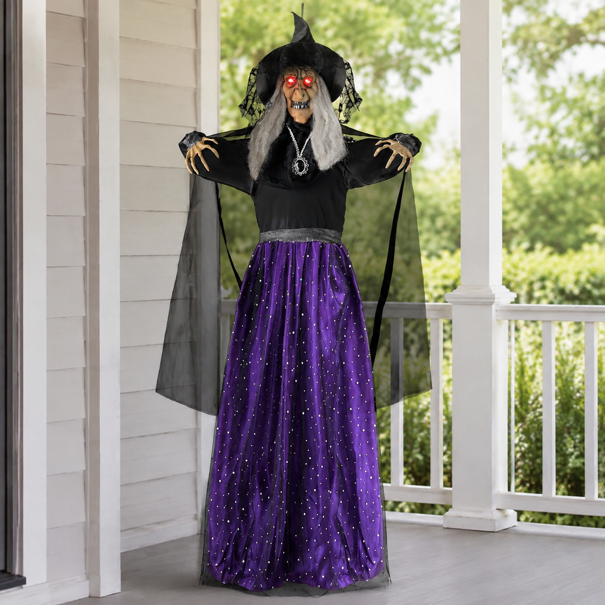 47 Inch Hanging Witch with Purple Skirt, Light Up Eyes and Sound, Halloween Porch Decoration, product view 10