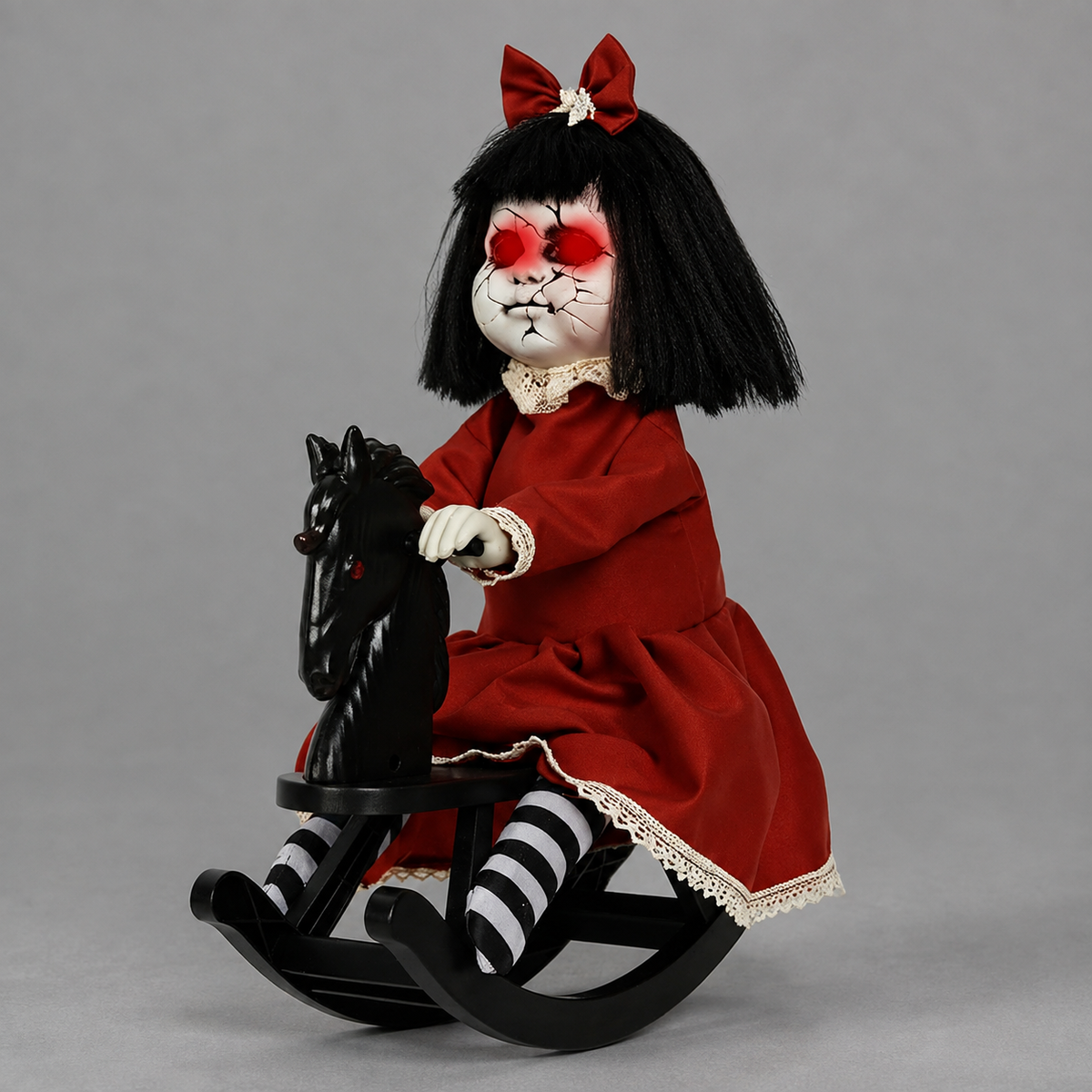 Red Dress Doll on Black Rocking Horse, Animated Halloween Decoration with Light Up Eyes, product view 1