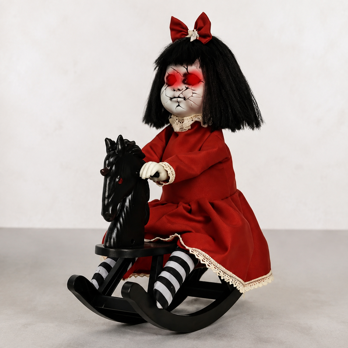 Red Dress Doll on Black Rocking Horse, Animated Halloween Decoration with Light Up Eyes, product view 2