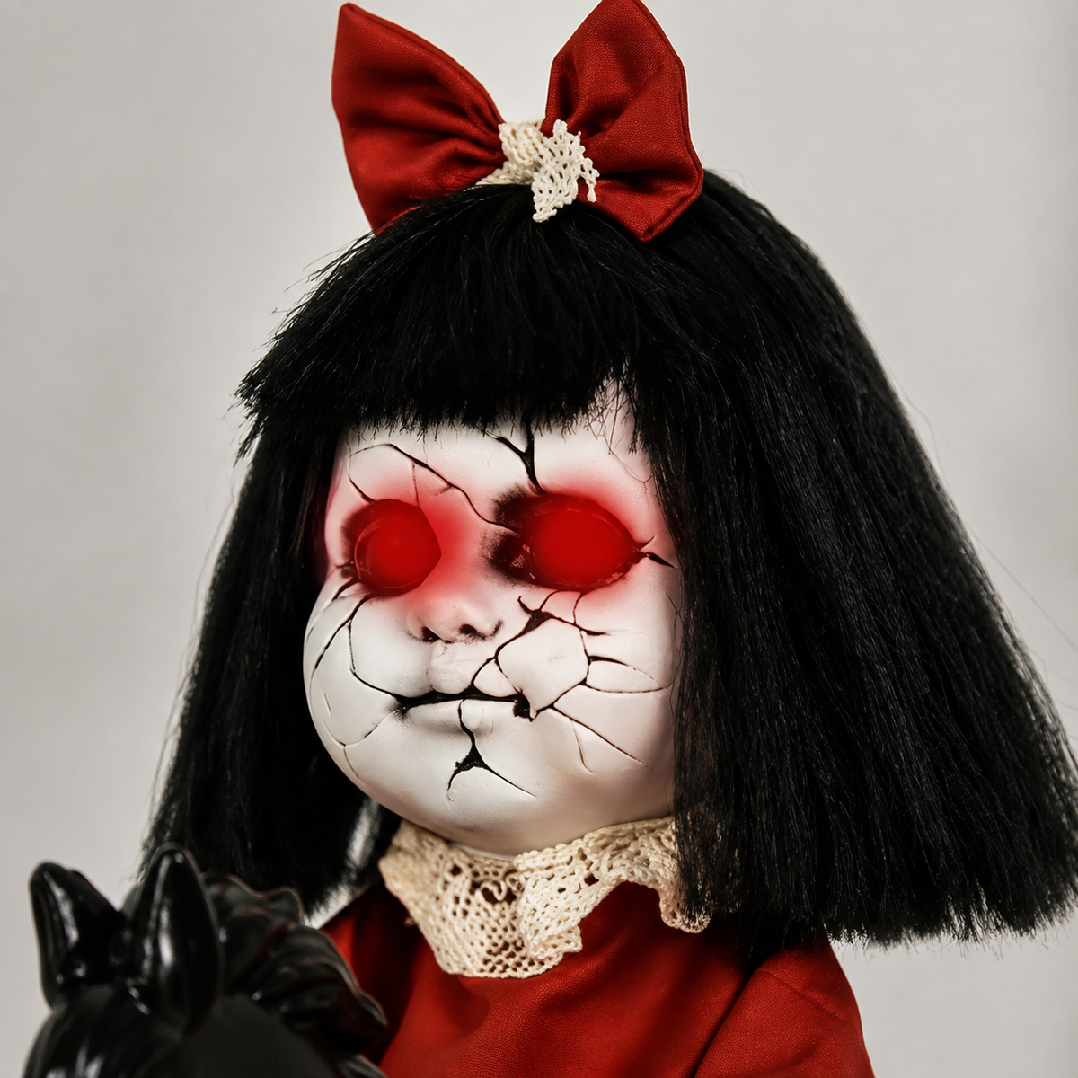 Red Dress Doll on Black Rocking Horse, Animated Halloween Decoration with Light Up Eyes, product view 3