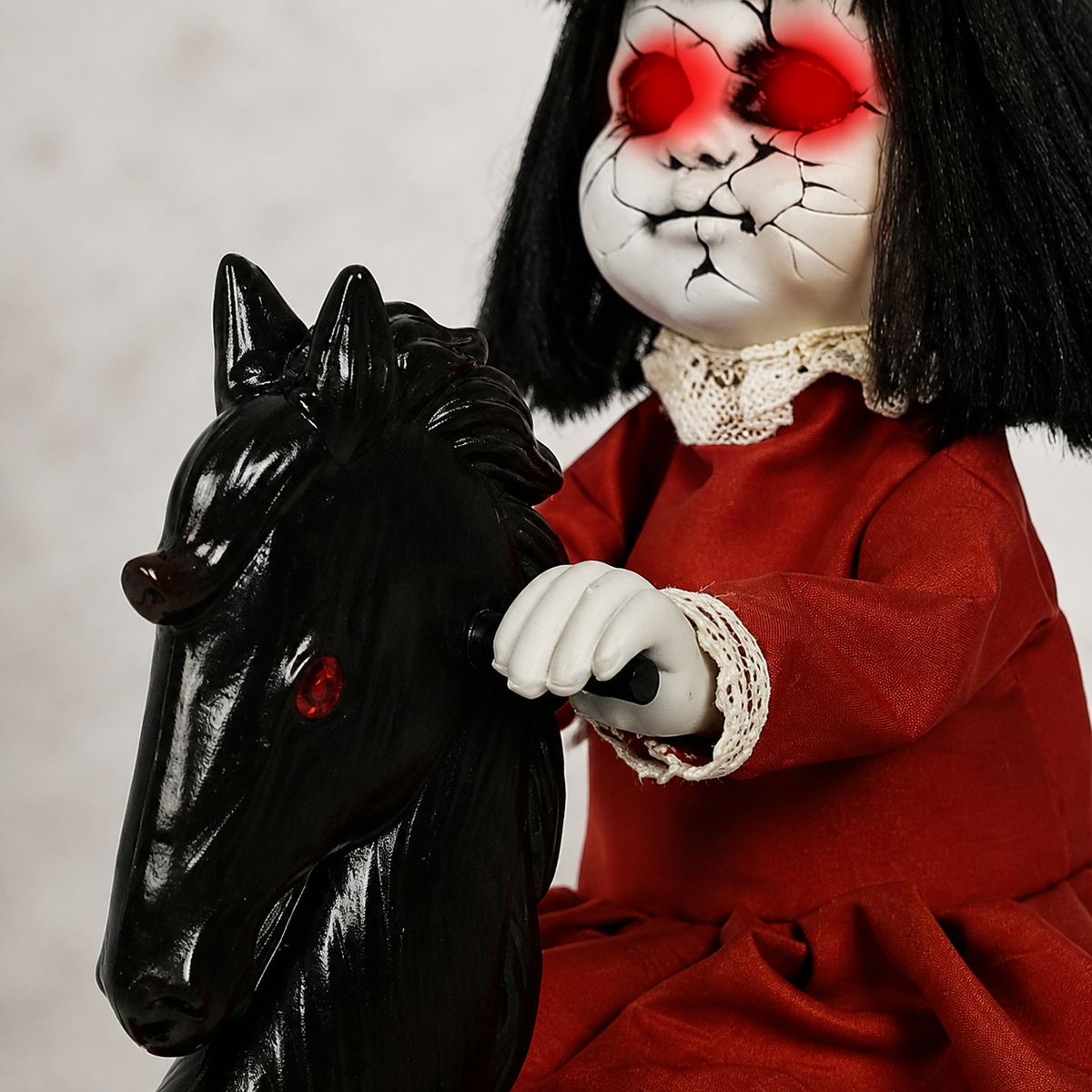 Red Dress Doll on Black Rocking Horse, Animated Halloween Decoration with Light Up Eyes, product view 4