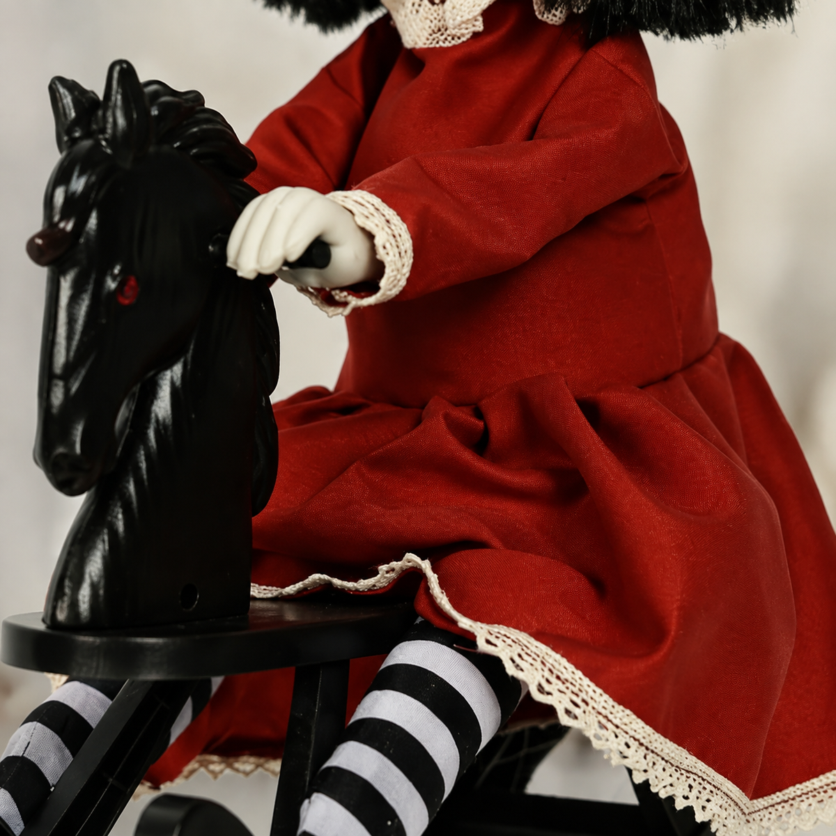 Red Dress Doll on Black Rocking Horse, Animated Halloween Decoration with Light Up Eyes, product view 5