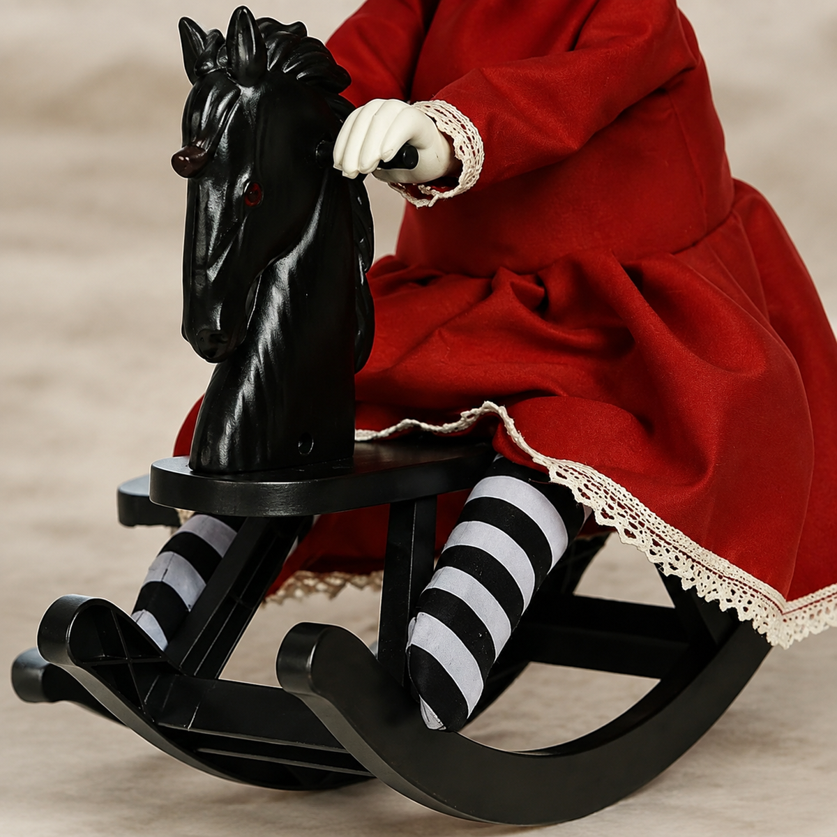 Red Dress Doll on Black Rocking Horse, Animated Halloween Decoration with Light Up Eyes, product view 6