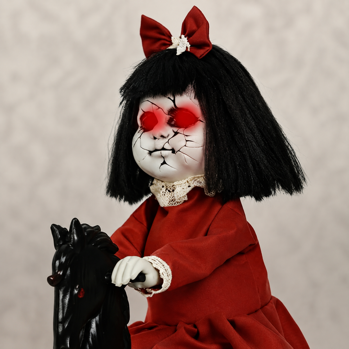 Red Dress Doll on Black Rocking Horse, Animated Halloween Decoration with Light Up Eyes, product view 7