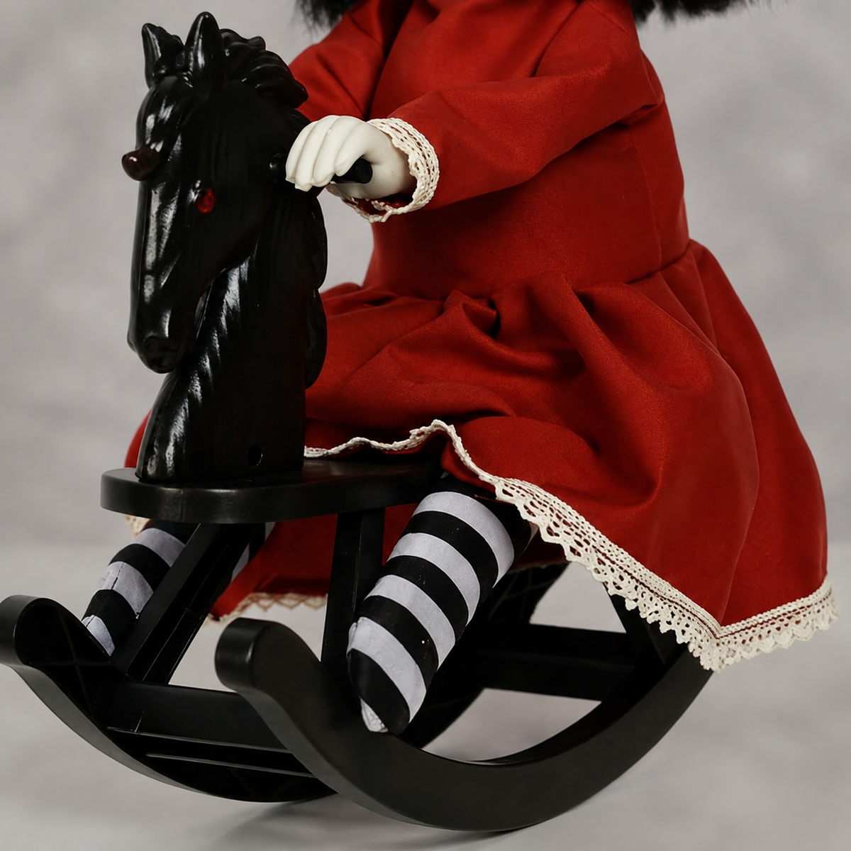 Red Dress Doll on Black Rocking Horse, Animated Halloween Decoration with Light Up Eyes, product view 8