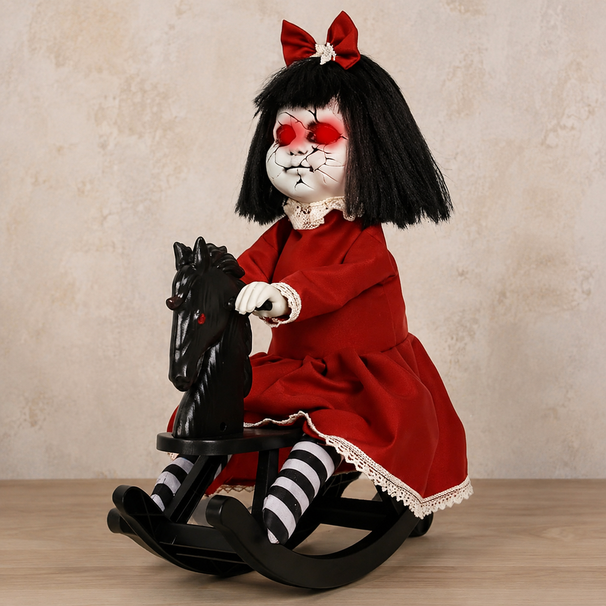 Red Dress Doll on Black Rocking Horse, Animated Halloween Decoration with Light Up Eyes, product view 9
