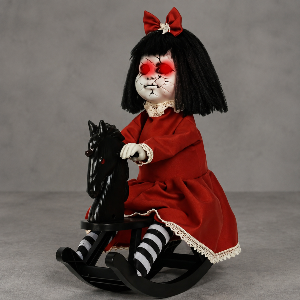 Red Dress Doll on Black Rocking Horse, Animated Halloween Decoration with Light Up Eyes, product view 10
