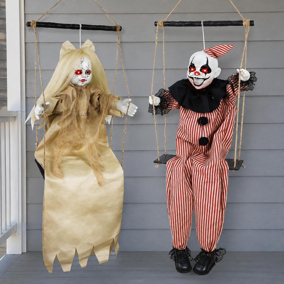 Set of 2 Hanging Clown and Doll Swing Decorations with Red Eye Lights and Sound for Halloween, product view 1